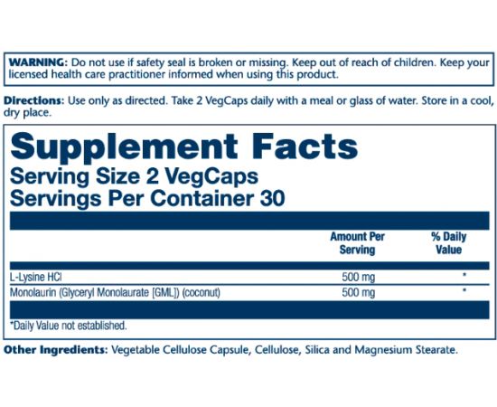 Придбати L-Lysine Monolaurin 1:1 - 60 vcaps, image , зображення 2, характеристики, відгуки