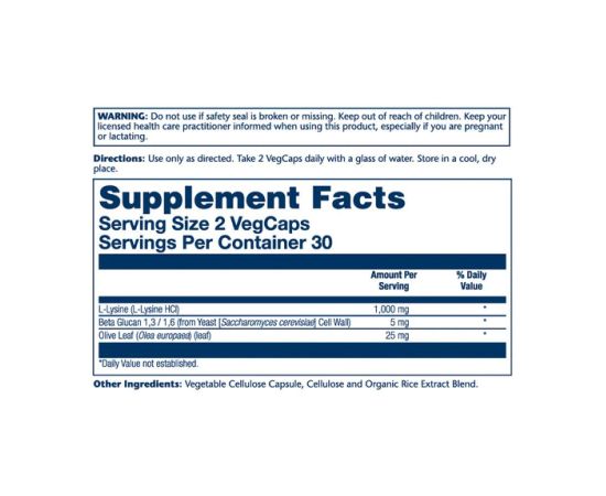 Придбати L-Lysine with Beta Glucan 1000mg - 60 vcaps, image , зображення 2, характеристики, відгуки