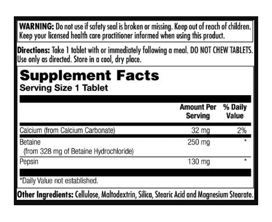 Придбати Betaine HCl Plus 250mg - 100 tabs, image , зображення 2, характеристики, відгуки