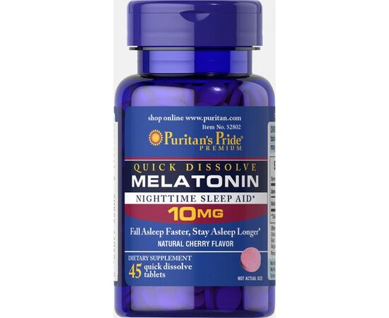 Купить Мелатонин Quick Dissolve Melatonin 10 mg Cherry Flavor - 45 Tablets - Puritans Pride, фото , характеристики, отзывы