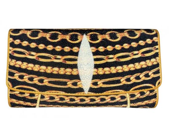 Придбати Кошелек женский из натуральной кожи ската черный золотые цепочки Ekzotic leather stw8, image , характеристики, відгуки