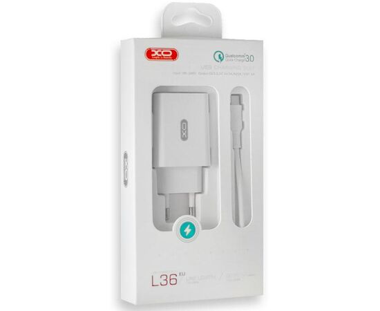 Купить Сетевое зарядное устройство XO L36 QC 3.0 18W/1USB + Type-C Cable White, фото , изображение 2, характеристики, отзывы