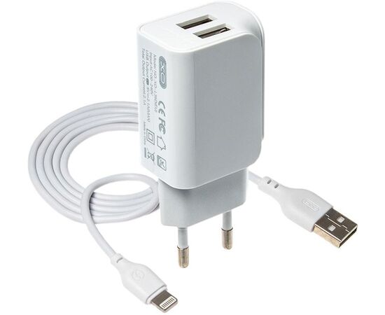 Купить Сетевое зарядное устройство XO L35D 2.1A/2USB Lightning  Cable White, фото , характеристики, отзывы