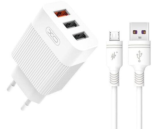 Придбати Сетевое зарядное устройство XO L72 QC 3.0 30W 18W/1USB + 2.4A/2 USB + microUSB White, image , характеристики, відгуки