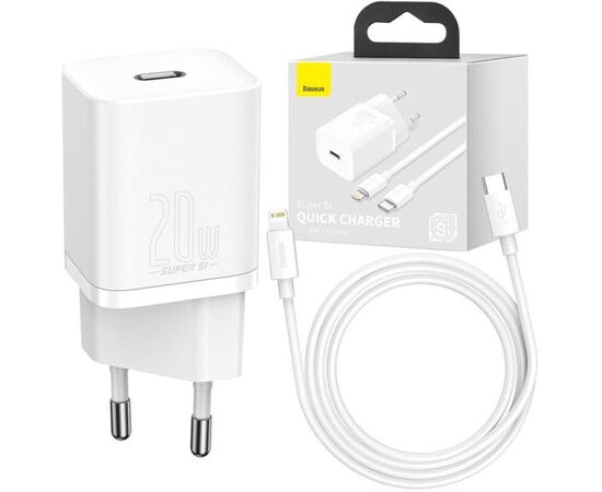 Придбати Сетевое зарядное устройство Baseus Super Si Quick Charger 20W Sets Black + Type-C to Lightning Cable White, image , характеристики, відгуки