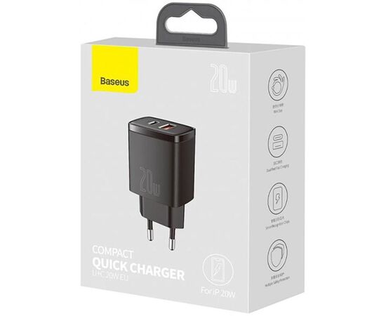 Купить Сетевое зарядное устройство Baseus Compact Quick Charger 20W USB-A/USB-C Black, фото , изображение 4, характеристики, отзывы