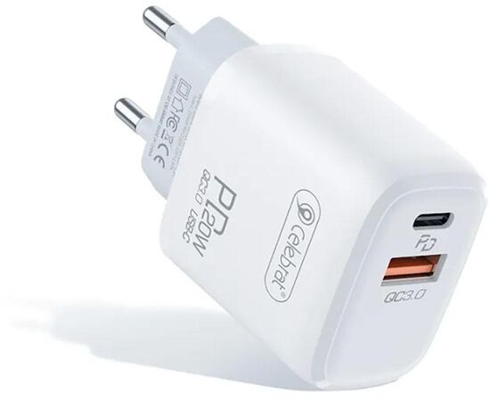 Придбати Сетевое зарядное устройство Celebrat C-H3 Type C+USB QC3.0 20W Charger + Type-C Cable White, image , характеристики, відгуки