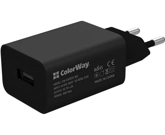 Придбати Сетевое зарядное устройство ColorWay 1USB AUTO ID 2A (10W) + cable micro USB Black, image , характеристики, відгуки