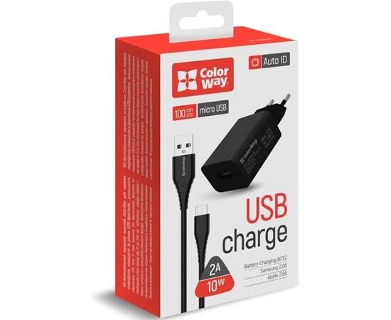 Придбати Сетевое зарядное устройство ColorWay 1USB AUTO ID 2A (10W) + cable micro USB Black, image , зображення 2, характеристики, відгуки