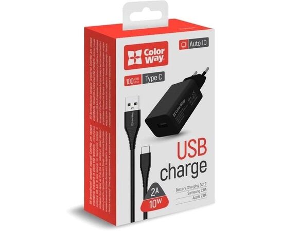 Придбати Сетевое зарядное устройство ColorWay 1USB AUTO ID 2A (10W) + cable Type C USB Black, image , зображення 5, характеристики, відгуки