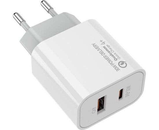 Купить Сетевое зарядное устройство ColorWay Power Delivery Port PPS USB (Type-C PD + USB QC3.0) (30W) White, фото , изображение 2, характеристики, отзывы