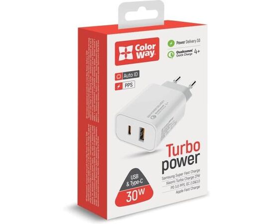 Купить Сетевое зарядное устройство ColorWay Power Delivery Port PPS USB (Type-C PD + USB QC3.0) (30W) White, фото , изображение 3, характеристики, отзывы