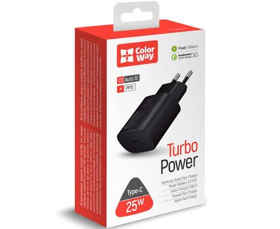 Придбати Сетевое зарядное устройство ColorWay Power Delivery Port PPS USB Type-C (25W) Black, image , характеристики, відгуки