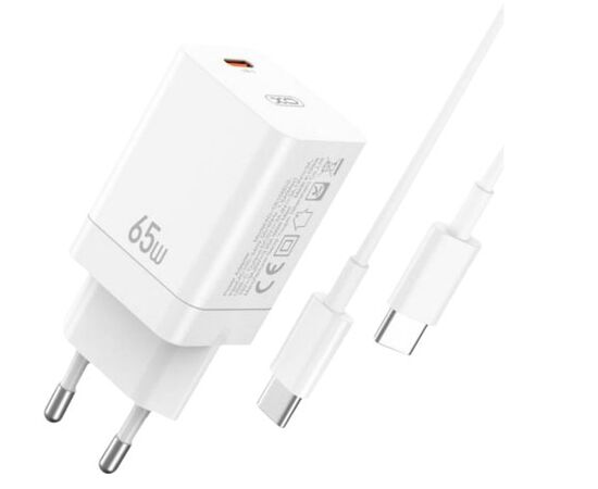 Придбати Сетевое зарядное устройство XO CE10 1USB-C PD 65W Charger + type-c cable White, image , характеристики, відгуки