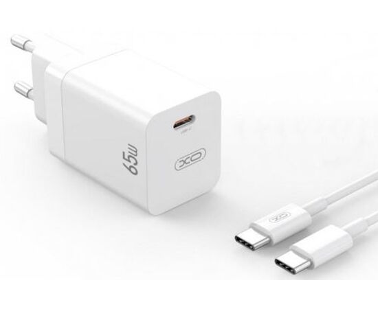 Придбати Сетевое зарядное устройство XO CE10 1USB-C PD 65W Charger + type-c cable White, image , зображення 2, характеристики, відгуки