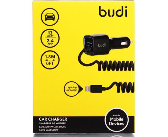 Купить Автомобильное зарядное устройство BUDI Car charger Blue Led Lightning 1.2 m + 1USB 2.4A Black, фото , характеристики, отзывы