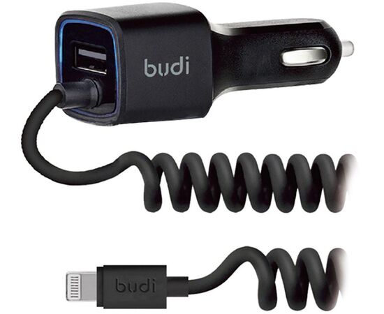 Купить Автомобильное зарядное устройство BUDI Car charger Blue Led Lightning 1.2 m + 1USB 2.4A Black, фото , изображение 2, характеристики, отзывы