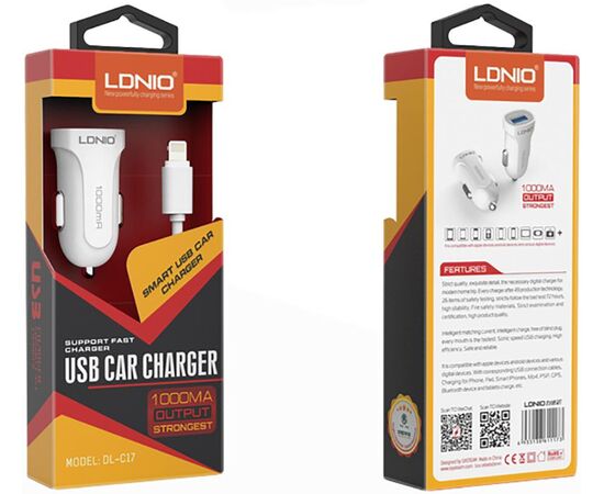 Купить Автомобильное зарядное устройство LDNIO DL-C17 Car charger 1USB 1A + Lightning cable White, фото , характеристики, отзывы