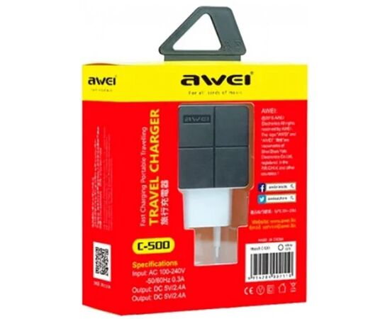 Купить Сетевое зарядное устройство AWEI C-500 Travel charger 2USB 2.4A Black, фото , характеристики, отзывы