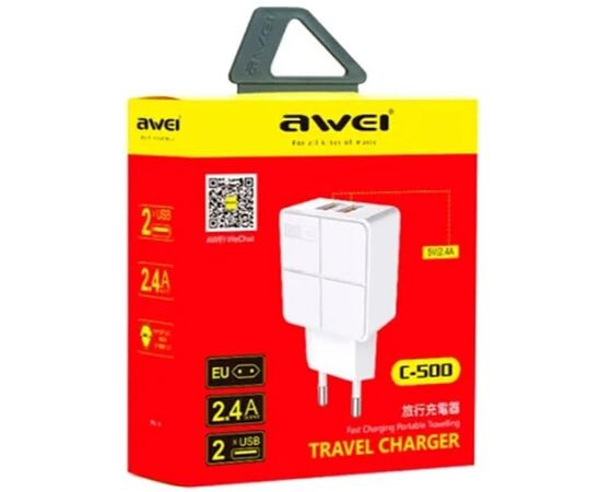 Купить Сетевое зарядное устройство AWEI C-500 Travel charger 2USB 2.4A White, фото , характеристики, отзывы