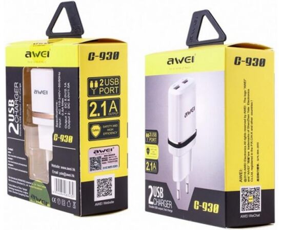 Придбати Сетевое зарядное устройство AWEI C-930 Travel charger 2USB 2.1A White/Silver, image , характеристики, відгуки