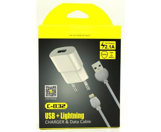 Купить Сетевое зарядное устройство AWEI C-832 Travel charger + Lightning cable 1USB 2.1A Black, фото , характеристики, отзывы