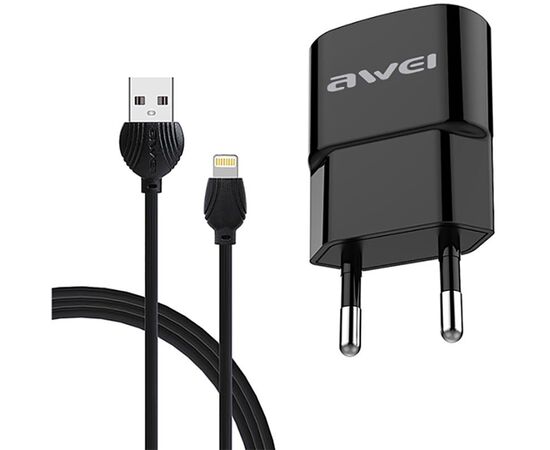 Купить Сетевое зарядное устройство AWEI C-832 Travel charger + Lightning cable 1USB 2.1A Black, фото , изображение 2, характеристики, отзывы