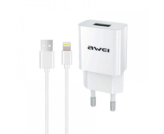 Купить Сетевое зарядное устройство AWEI C-832 Travel charger + Lightning cable 1USB 2.1A White, фото , изображение 2, характеристики, отзывы